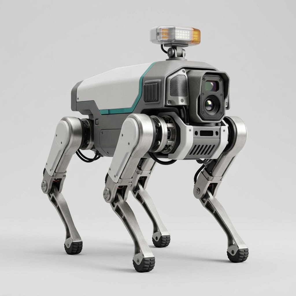 Illustratives Produkt-Rendering von Vierbeiniger Sicherheits- und Inspektionsroboter